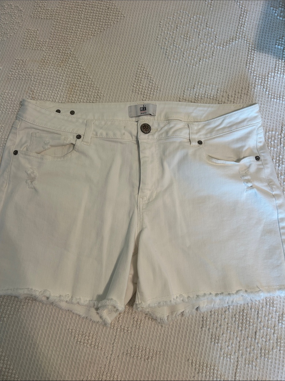CAbi White Distressed Frayed Hem Denim Shorts